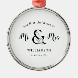 Simple Black & white Mr & Mrs 1st Christmas  Metal Tree Decoration