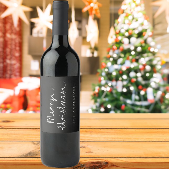 Simple Black White Name Minimalist Merry Christmas Wine Label (Simple Black White Name Minimalist Merry Christmas Wine Label)