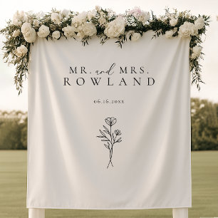 Simple Black & White Newlywed Last Name Wedding Tapestry