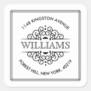 Simple Black & White Ornate Custom Return Address Square Sticker