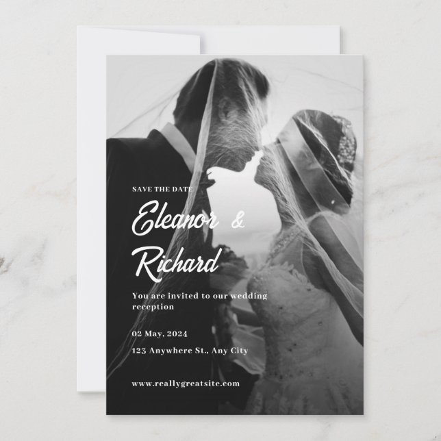 Simple Black & White Overlay Photo Wedding  Invitation (Front)