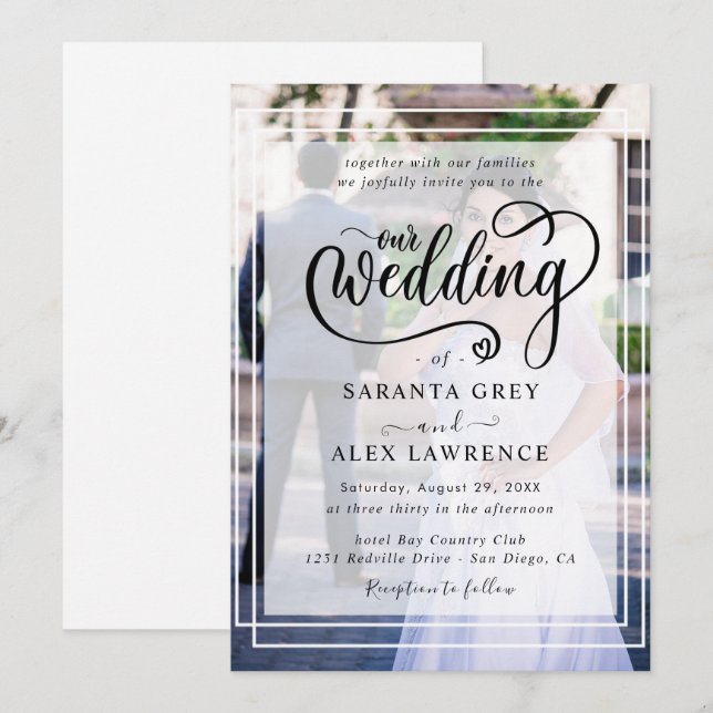 Simple Black & White Overlay Photo Wedding  Invitation (Front/Back)