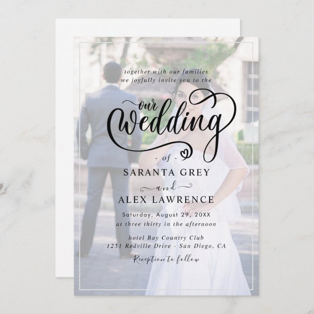 Simple Black & White Overlay Photo Wedding  Invitation (Front/Back)