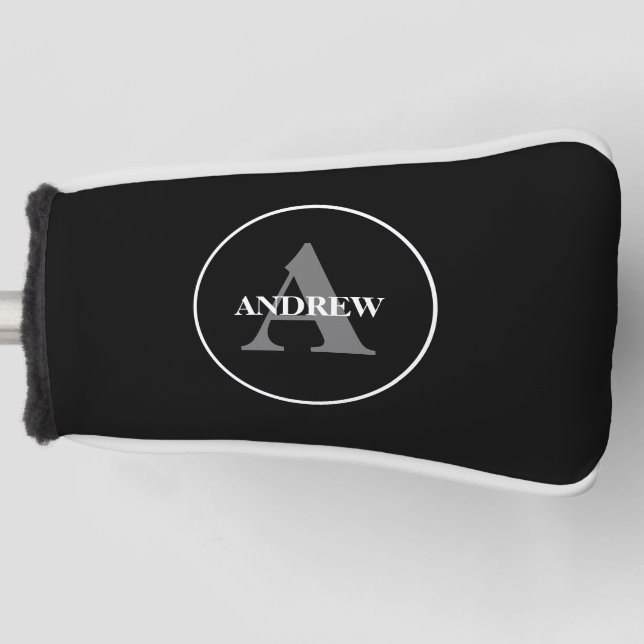 Simple black white Personalised monogram Golf Head Cover (Front)