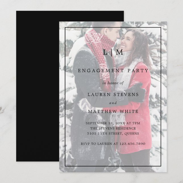 Simple Black White Photo Elegant Engagement Party Invitation (Front/Back)