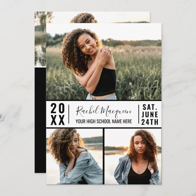 Simple Black White Photo Grid Graduation Invitation (Front/Back)