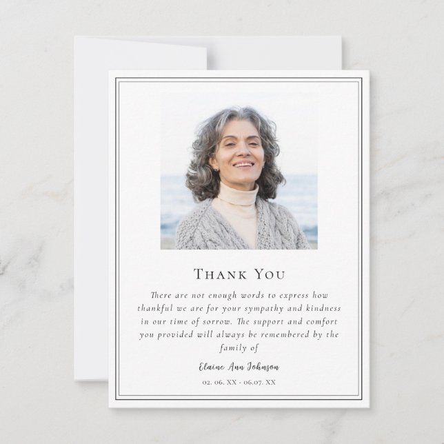 Simple Black & White  Photo Memorial Thank you  Card (Front)