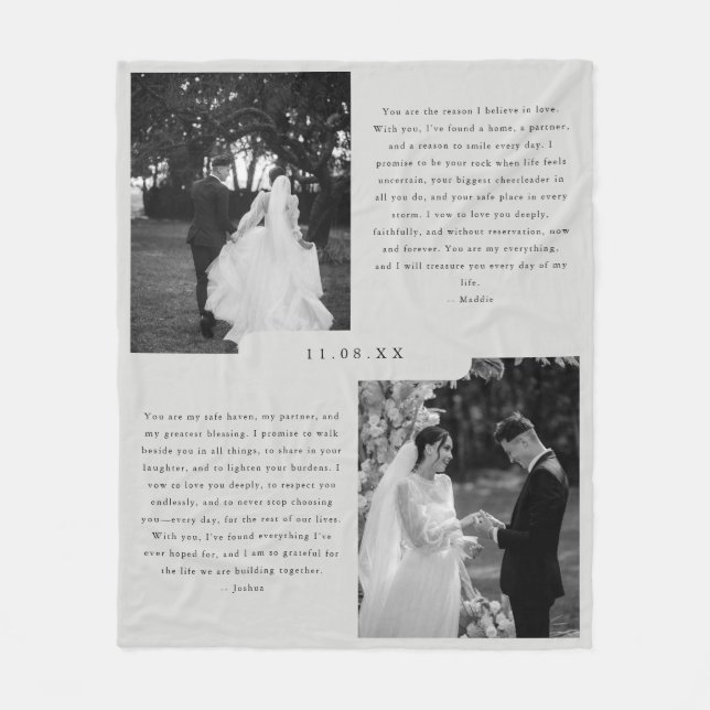 Simple Black & White Photos Custom Wedding Vows Fleece Blanket (Front)