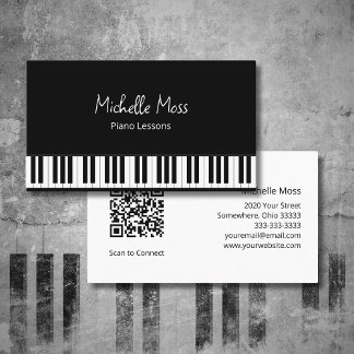 Simple Black White Piano Music Teacher Pianist Business Card