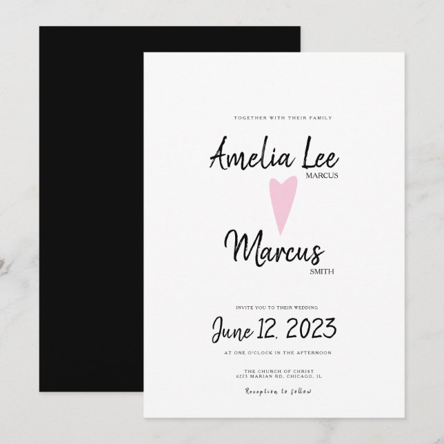 Simple Black White Pretty Script Heart Wedding Invitation (Front/Back)