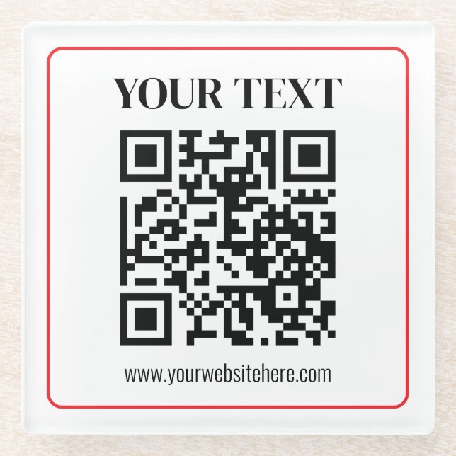 Simple Black & White QR code with Red Border Glass Coaster (Front)