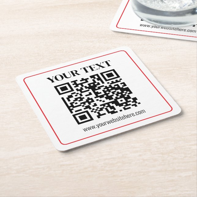 Simple Black & White QR code with Red Border Square Paper Coaster (Angled)