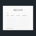 Simple Black & White Recipe Card<br><div class="desc">Simple Black & White Recipe Card. Features Black and grey text on white with grey writing lines. Title, serves, prep time, cooking time, temperature, and the kitchen of spaces. All text, fonts, and colours are customisable. We invite you to visit our Zazzle store, GJ Design Co, for matching products and...</div>