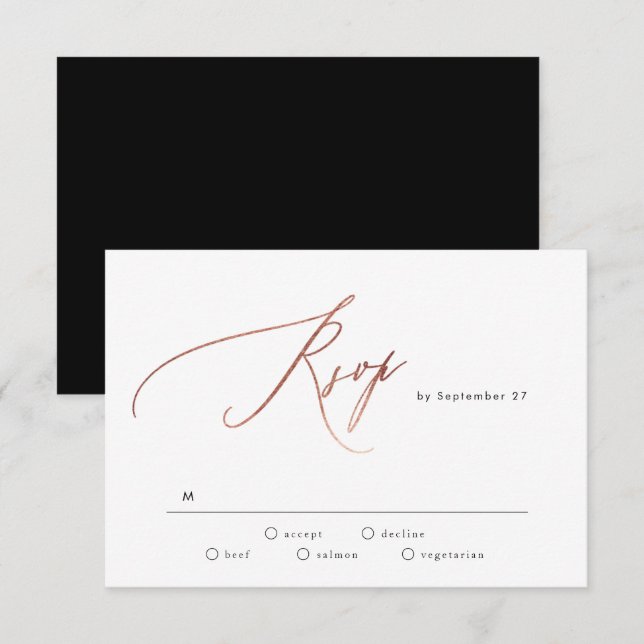 Simple Black White Rose Gold Calligraphy Wedding RSVP Card (Front/Back)