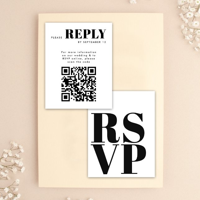 Simple Black White RSVP Cards for Wedding QR Code (Front / Back)