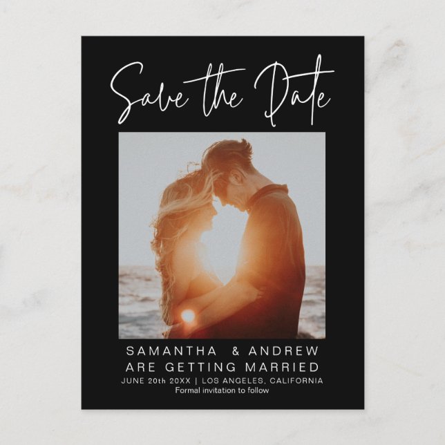 Simple black white save the date upload your photo announcement postcard (Front)