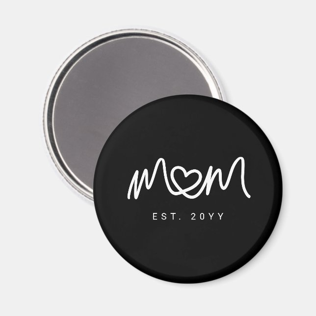 Simple Black & White Script Heart Mum Established Magnet (Front/Back)