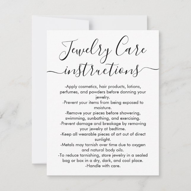 Simple Black White Script Jewellery Care Card (Front)