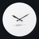 Simple black white script name large clock<br><div class="desc">Modern wall clock with a minimalist white design and a simple hand lettered black script. Personalise with your name.</div>