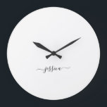 Simple black white script name large clock<br><div class="desc">Modern wall clock with a minimalist white design and a simple hand lettered black script. Personalise with your name.</div>