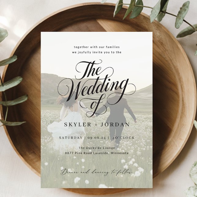 Simple Black & White Script Overlay Photo Wedding Invitation (Creator Uploaded)