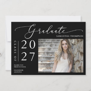 Simple Black White Script School Graduation Photo Invitation