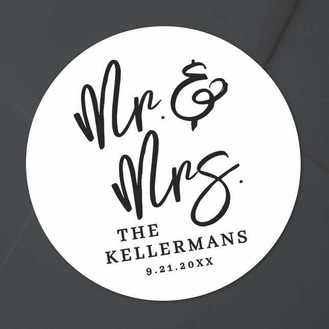 Simple Black White Script Wedding Classic Round Sticker (Simple Black White Script Wedding Classic Round Sticker)
