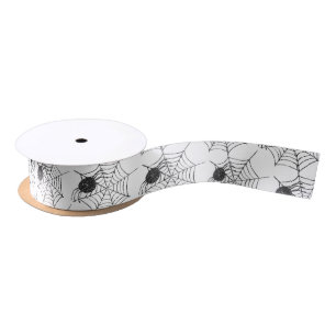 Simple Black White Spider Web Halloween Holidays Satin Ribbon