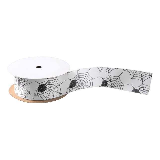 Simple Black White Spider Web Halloween Holidays Satin Ribbon (Spool)
