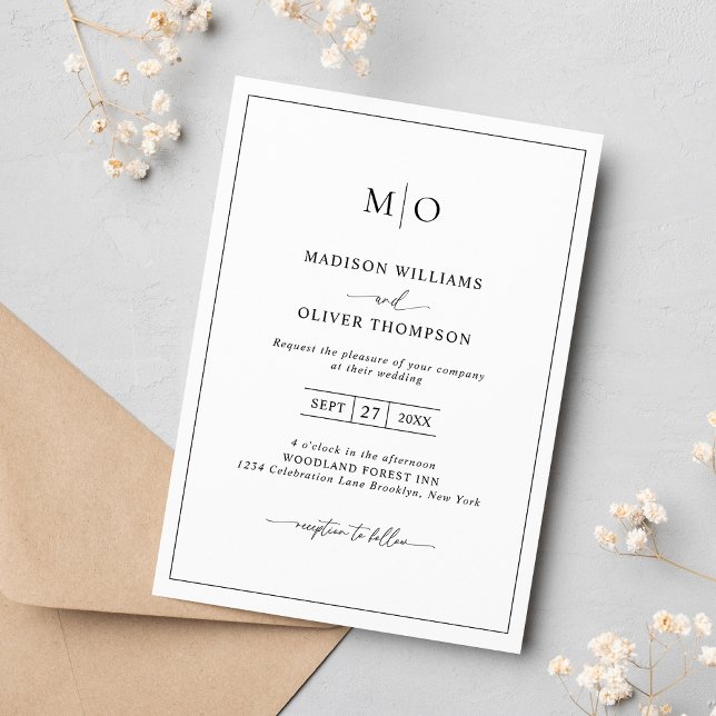 Simple Black White Square Border Monogram Wedding Invitation (Creator Uploaded)