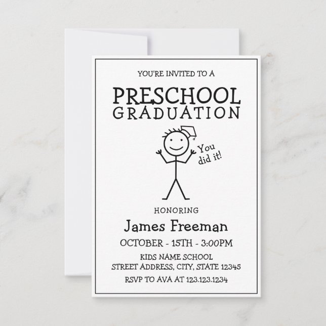 Simple Black & White Stick Preschool Graduation Invitation (Front)