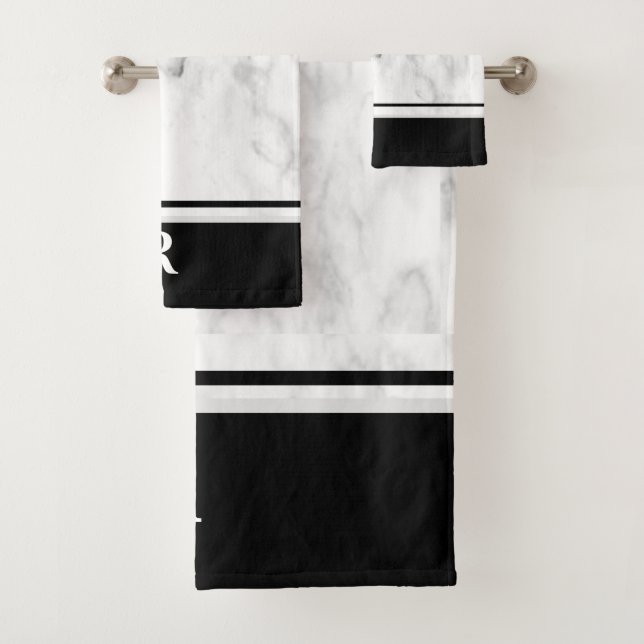Simple Black White Striped Marble Monogram InitiaI Bath Towel Set (Insitu)