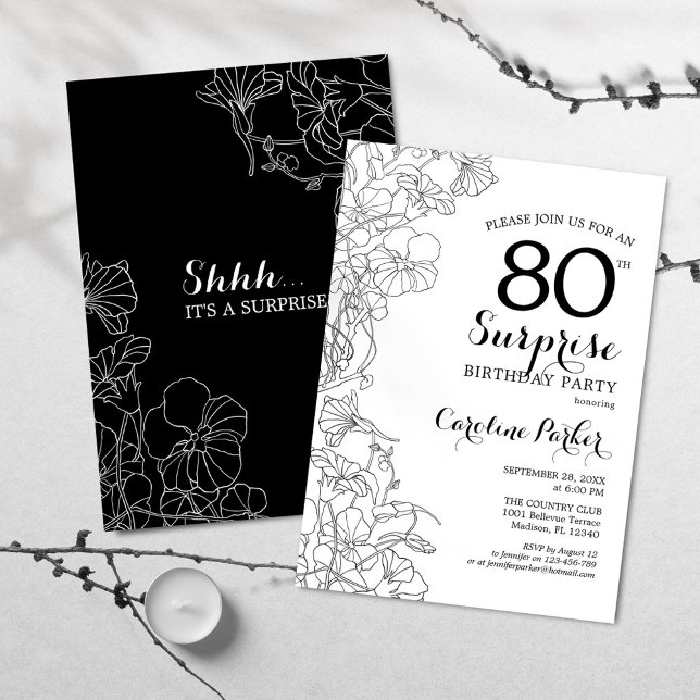 Simple Black White Surprise 80th Birthday Party Invitation (Creator Uploaded)