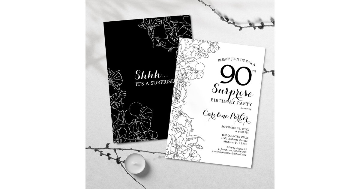 Simple Black White Surprise 90th Birthday Party Invitation Zazzle