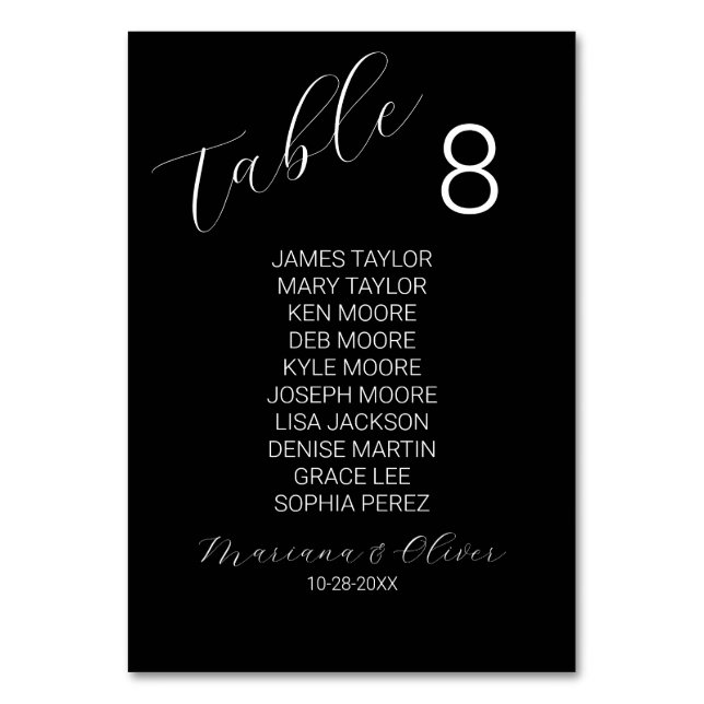 Simple Black White Table Number Card Names (Front)