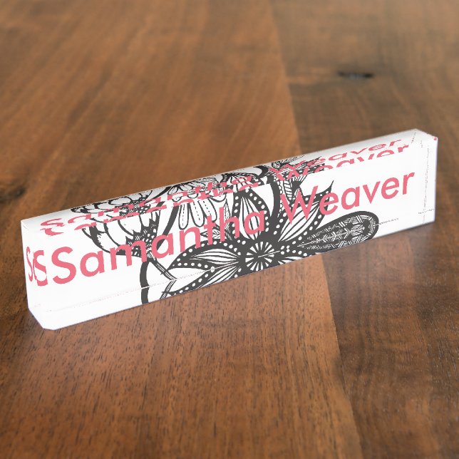 Simple Black & White Tangle Flowers Nameplate (Side)