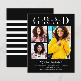 Simple Black White Three Photo Graduation Invitati