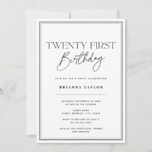 Simple Black & White Typography 21st Birthday Invitation
