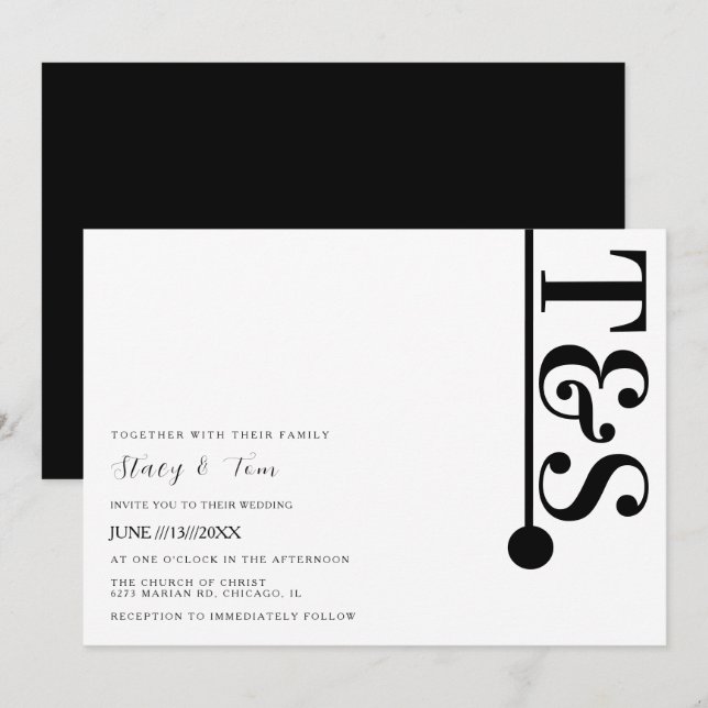 Simple Black White Typography Line Logo Wedding  Invitation (Front/Back)