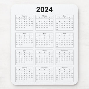 Simple Black & White US 2024 Yearly Calendar Mouse Mat