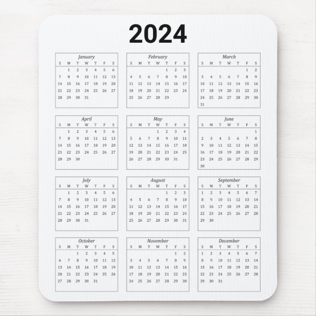 Simple Black & White US 2024 Yearly Calendar Mouse Mat (Front)