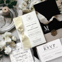 Simple Black & White Vintage Crest Ribbon Wedding