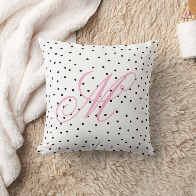 Simple black white watercolor polka dots monogram cushion (Blanket)