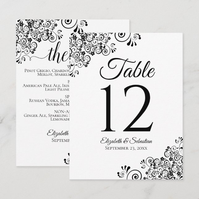 Simple Black & White Wedding Bar Menu Table Number (Front/Back)