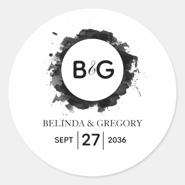 Simple Black White Wedding  Classic Round Sticker (Front)