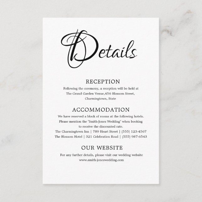 Simple Black & White Wedding Details Enclosure Card (Front)