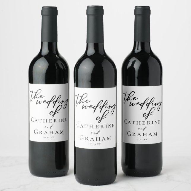 Simple Black White Wedding Personalised Wine Label (Bottles)