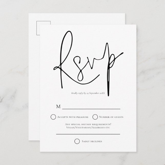 Simple Black White Wedding RSVP Invitation Postcard (Front/Back)