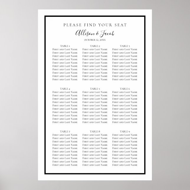 Simple Black White Wedding Seating Chart (Front)
