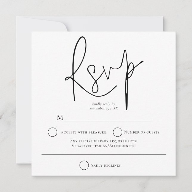 Simple Black White Wedding Square RSVP Card (Front)